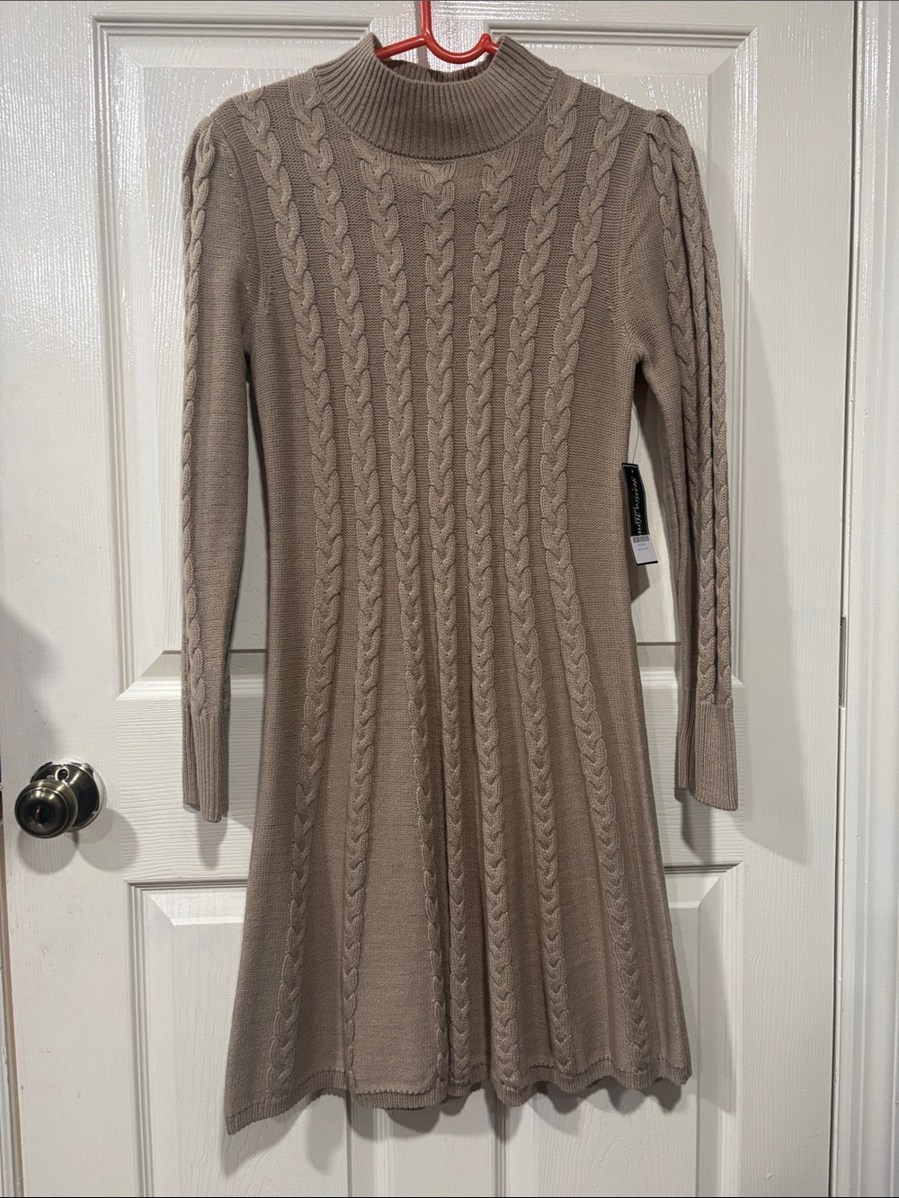 Jessica Howard Taupe Cable-Knit Mock Neck A-Line Dress
